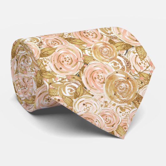 Gold and Pink Roses Wedding Stropdas (Opgerold)