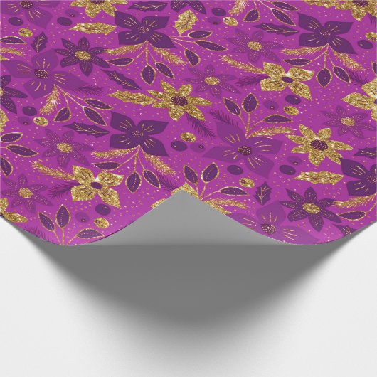Gold and Purple Christmas Poinsettia Flowers Cadeaupapier (Hoek)