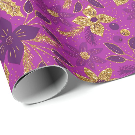 Gold and Purple Christmas Poinsettia Flowers Cadeaupapier (Rol Hoek)