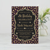 Gold and Purple Leopard Print Birthday Party Kaart (Staand voorkant)