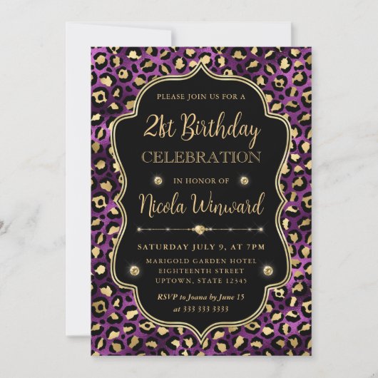 Gold and Purple Leopard Print Birthday Party Kaart (Voorkant)