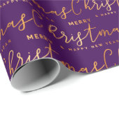 Gold and Purple Merry Christmas Word Art Cadeaupapier (Rol Hoek)