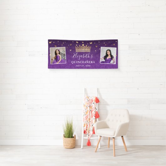 Gold and Purple Roses 2 Photo Birthday Quinceanera Spandoek (Insitu)