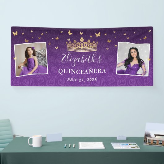 Gold and Purple Roses 2 Photo Birthday Quinceanera Spandoek (Beurs)