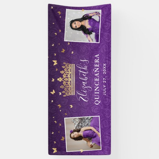 Gold and Purple Roses 2 Photo Birthday Quinceanera Spandoek (Verticaal)