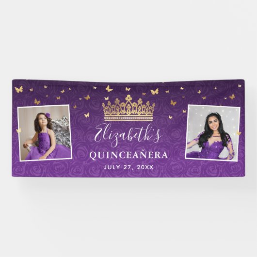 Gold and Purple Roses 2 Photo Birthday Quinceanera Spandoek (Horizontaal)