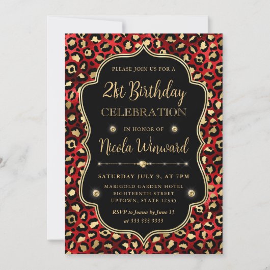 Gold and Red Leopard Print Birthday Party Kaart (Voorkant)
