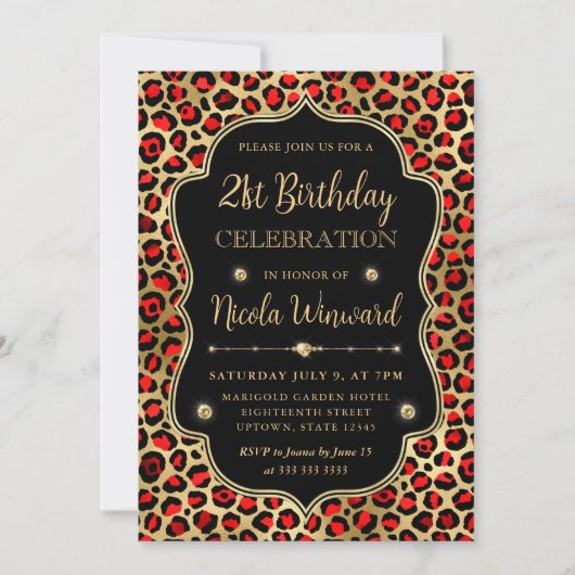 Gold and Red Leopard Print Birthday Party Kaart (Voorkant)