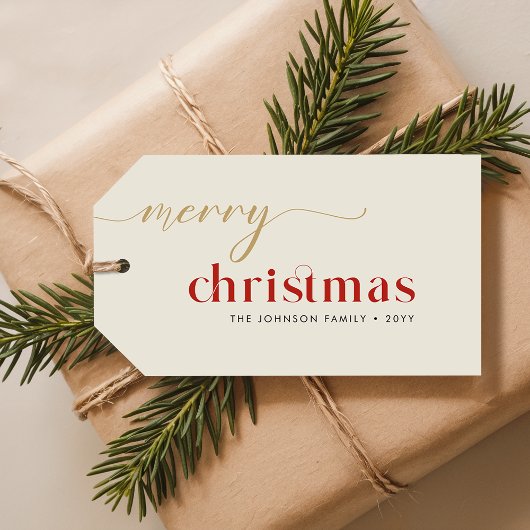 Gold and Red Script Christmas Family Name Cadeaulabel