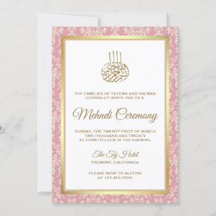 Gold and Roos Pink Damask Islamic Mehndi Ceremonon Kaart