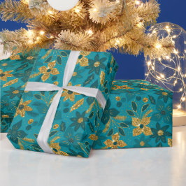 Gold and Teal Blue Christmas Poinsettia Flowers Cadeaupapier
