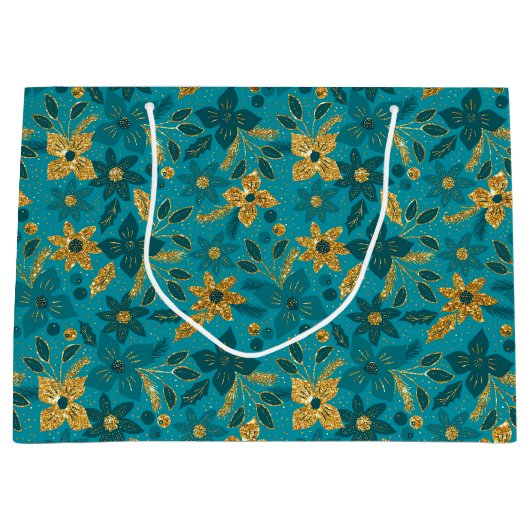 Gold and Teal Blue Christmas Poinsettia Flowers Groot Cadeauzakje (Voorkant)