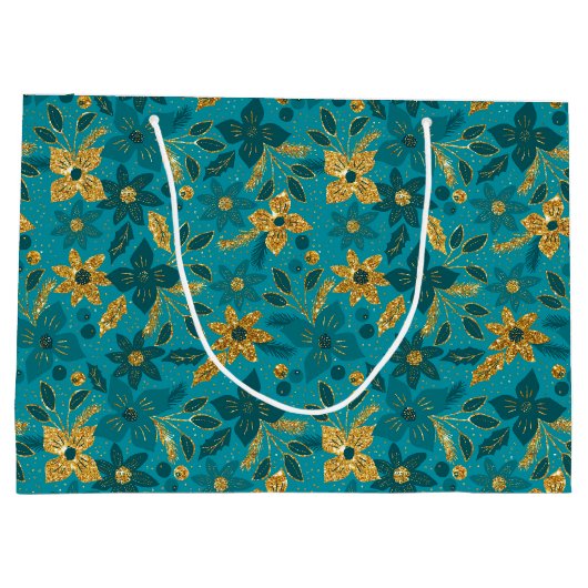 Gold and Teal Blue Christmas Poinsettia Flowers Groot Cadeauzakje (Achterkant)