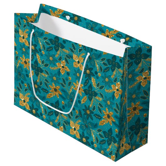 Gold and Teal Blue Christmas Poinsettia Flowers Groot Cadeauzakje (Voorkant Gekanteld)