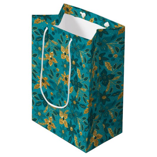 Gold and Teal Blue Christmas Poinsettia Flowers Medium Cadeauzakje (Voorkant Gekanteld)