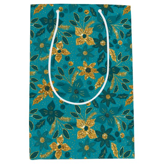 Gold and Teal Blue Christmas Poinsettia Flowers Medium Cadeauzakje (Voorkant)