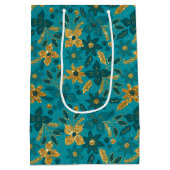 Gold and Teal Blue Christmas Poinsettia Flowers Medium Cadeauzakje (Achterkant)