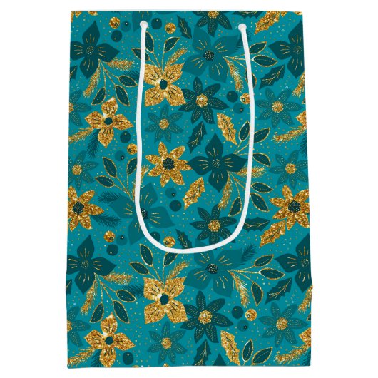 Gold and Teal Blue Christmas Poinsettia Flowers Medium Cadeauzakje (Achterkant)