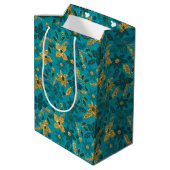Gold and Teal Blue Christmas Poinsettia Flowers Medium Cadeauzakje (Achterkant Gekanteld)