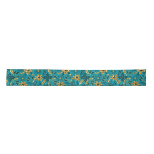 Gold and Teal Blue Christmas Poinsettia Flowers Satijnen Lint (Voorkant)