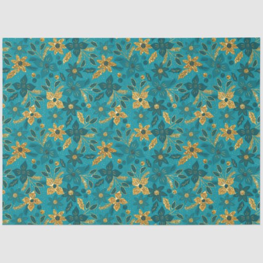 Gold and Teal Blue Christmas Poinsettia Flowers Tissuepapier (Voorkant)