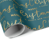 Gold and Teal Merry Christmas Word Art Cadeaupapier (Rol Hoek)