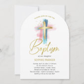 Gold and Watercolor Cross | Baptism Kaart (Voorkant)