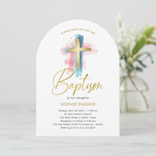Gold and Watercolor Cross | Baptism Kaart (Staand voorkant)