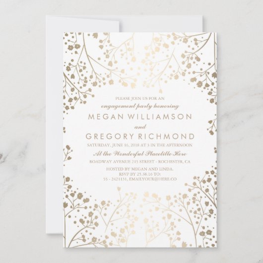 Gold and White Baby's Breath Engagement Party Kaart (Voorkant)