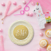 Gold and White Chevron Monogrammed Personalized Papieren Bordje (Feest)