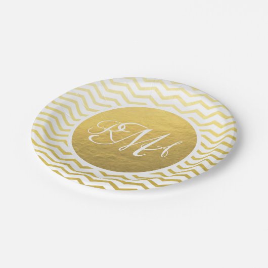 Gold and White Chevron Monogrammed Personalized Papieren Bordje (Gekanteld)