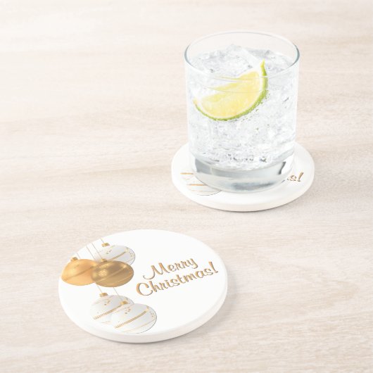 Gold and White Christmas Balls Custom Text Zandsteen Onderzetter (Zijkant)