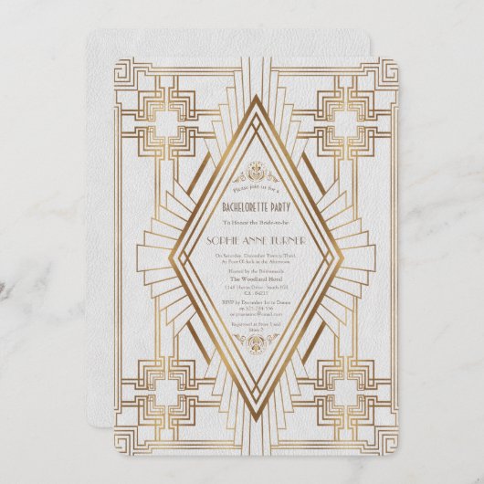 Gold and White Great Gatsby Bachelorette Party Kaart (Voorkant / Achterkant)