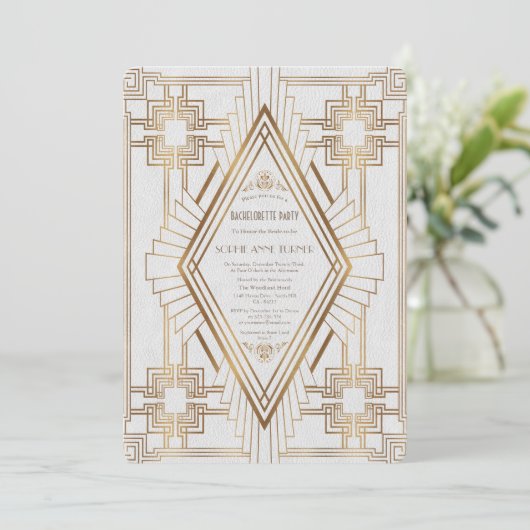 Gold and White Great Gatsby Bachelorette Party Kaart (Staand voorkant)