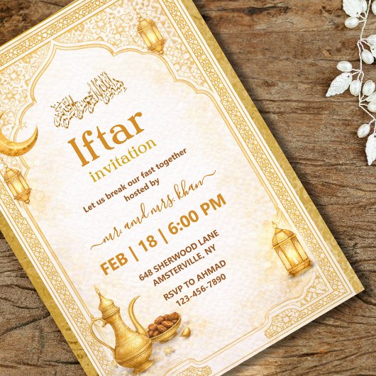 Gold and White Script Iftar Party Invitation Kaart