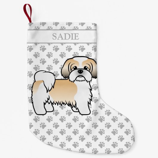Gold and White Shih Tzu Cartoon Dog & Name Kleine Kerstsok (Voorkant)