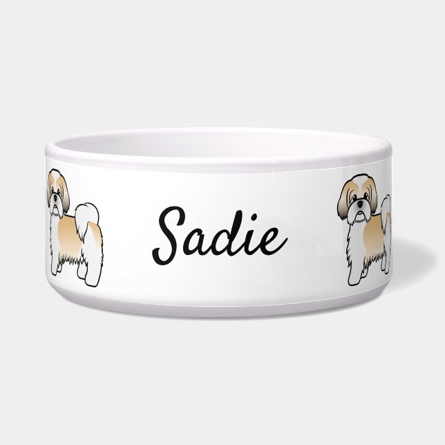 Gold and White Shih Tzu Cute Cartoon Dog & Name Voerbakje (Voorkant)