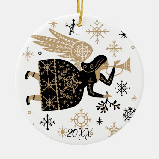 Gold Angel Stars Kerstkerst Carol Folkart Keramisch Ornament (Voorkant)