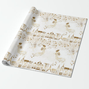 Gold Angel Village Star Dust Gift Wrapping Paper Cadeaupapier