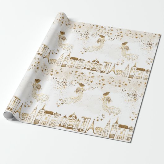 Gold Angel Village Star Dust Gift Wrapping Paper Cadeaupapier (Uitgerold)