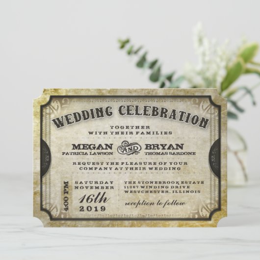 Gold Antiek Ticket Wedding Celebration Kaart (Staand voorkant)