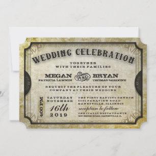 Gold Antiek Ticket Wedding Uitnodigen Receptie Inf Kaart