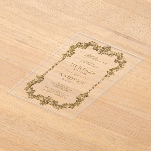 Gold Antique Gilded Frame Muslim Wedding Acryl Uitnodigingen (Laagn)