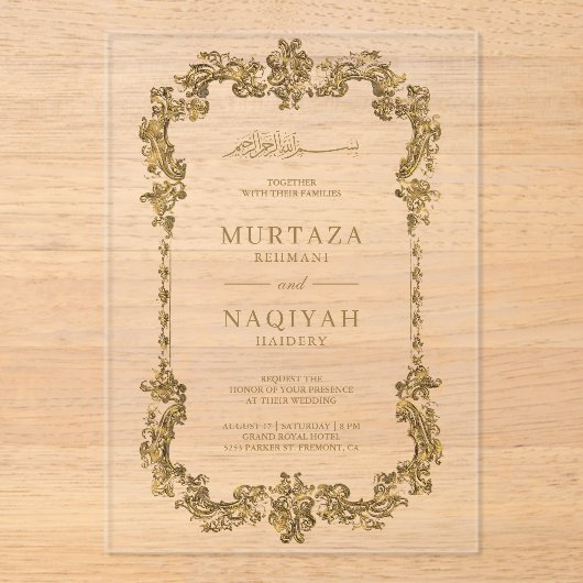 Gold Antique Gilded Frame Muslim Wedding Acryl Uitnodigingen (Voorkant)