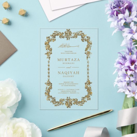 Gold Antique Gilded Frame Muslim Wedding Acryl Uitnodigingen (Insitu (Huwelijk))