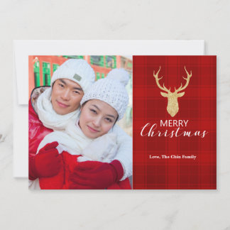Gold Antler Red Plaid | Christmas Photo Card Feestdagenkaart