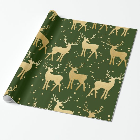 Gold Antler Reindeer Elegant Green | Polka Dots Cadeaupapier (Uitgerold)