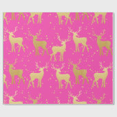 Gold Antler Reindeer Elegant Pink Polka Dots Cadeaupapier (Vlak)