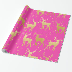 Gold Antler Reindeer Elegant Pink Polka Dots Cadeaupapier
