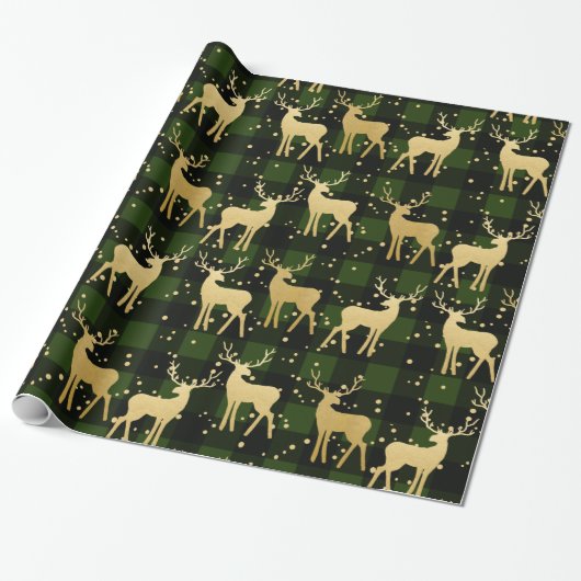 Gold Antler Reindeer Green | Buffalo Pset Pattern Cadeaupapier (Uitgerold)